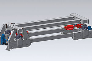 Transport trolley for sheet metal stacks in a rolling mill. Payload 150 t